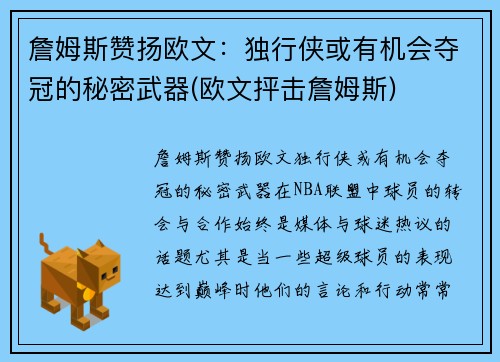 詹姆斯赞扬欧文：独行侠或有机会夺冠的秘密武器(欧文抨击詹姆斯)