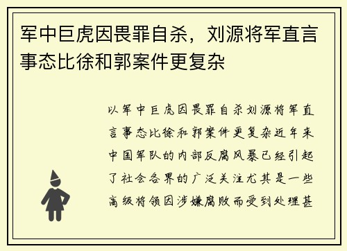 军中巨虎因畏罪自杀，刘源将军直言事态比徐和郭案件更复杂