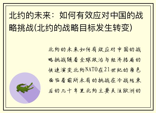 北约的未来：如何有效应对中国的战略挑战(北约的战略目标发生转变)